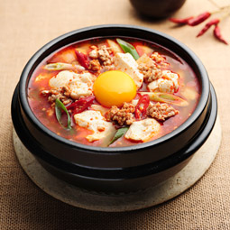 Spicy soft tofu stew in a clay pot